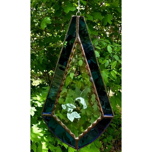 Vintage Stained Glass Hummingbird Sun Catcher Etched Bird Flower Handcrafted Art - Picture 5 of 9